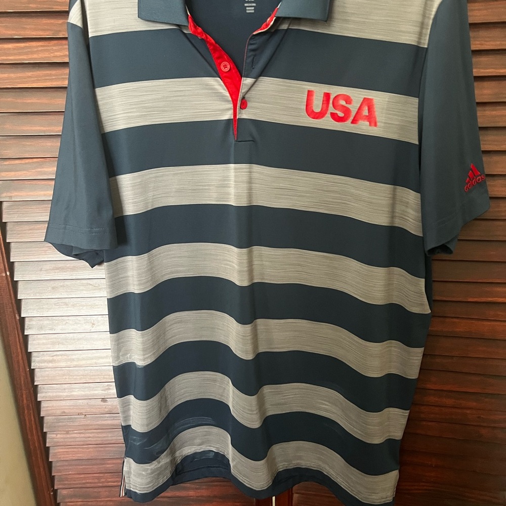 Adidas Men's USA Blue and Gray Striped Polo Shirt